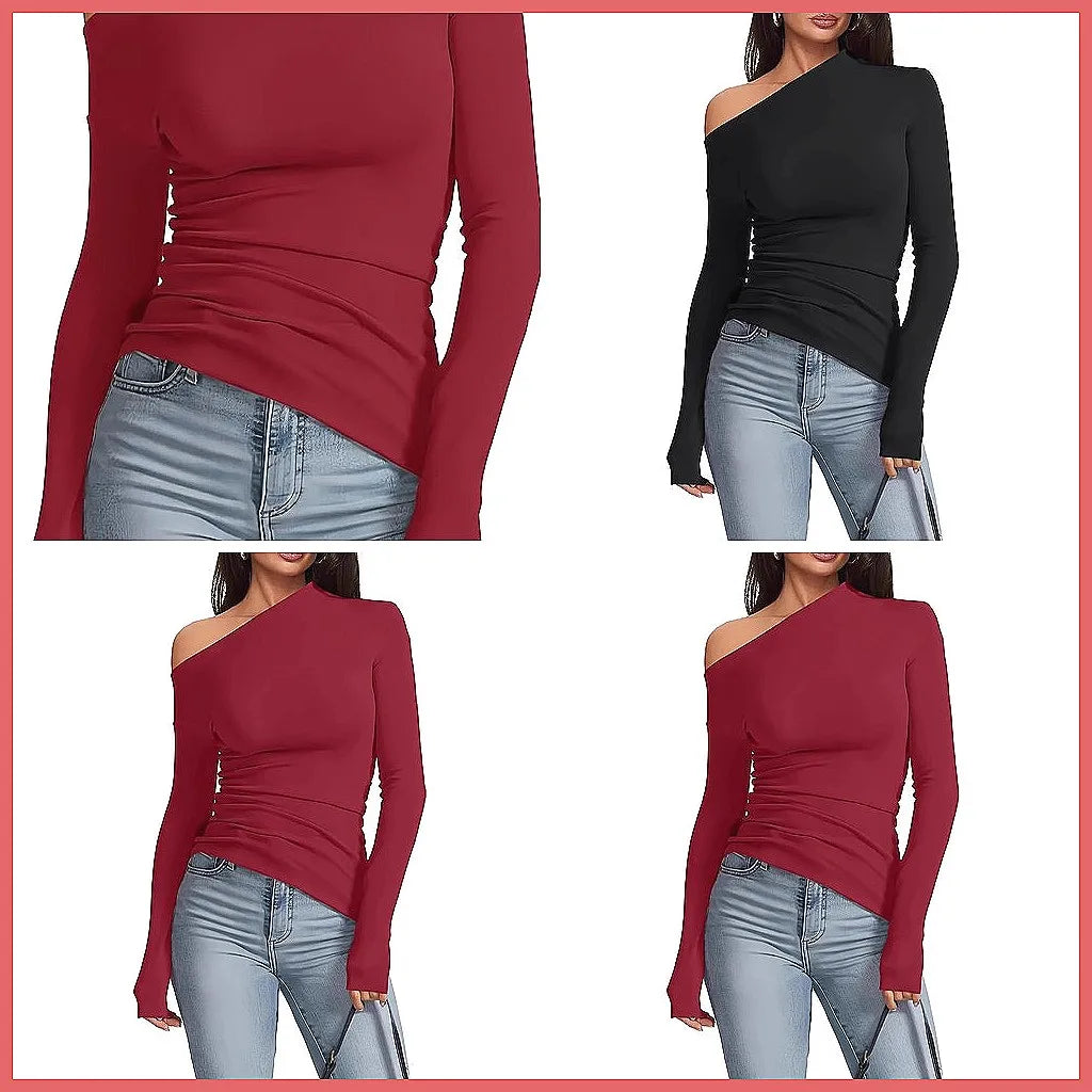 T-Shirt Femme Off Shoulder Manches Longues - Top Slim Fit Épaules Dénudées, Basique Automne Hiver Streetwear
