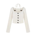 T-Shirt Femme Longues Manches Nœuds Lacets - Top Slim Fit Col Bénitier Y2K Korean Style, Élégant et Tendance