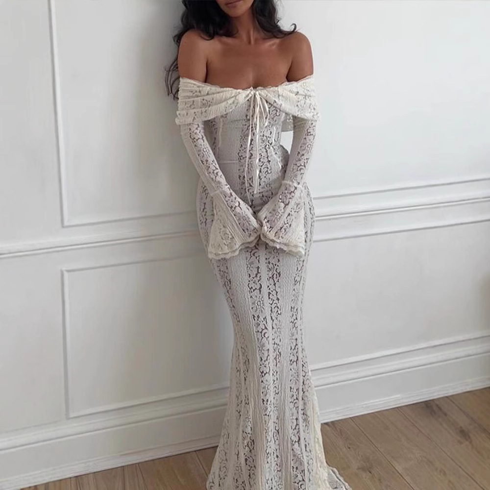 Robe longue à manches longues et taille haute à lacets pour femmes