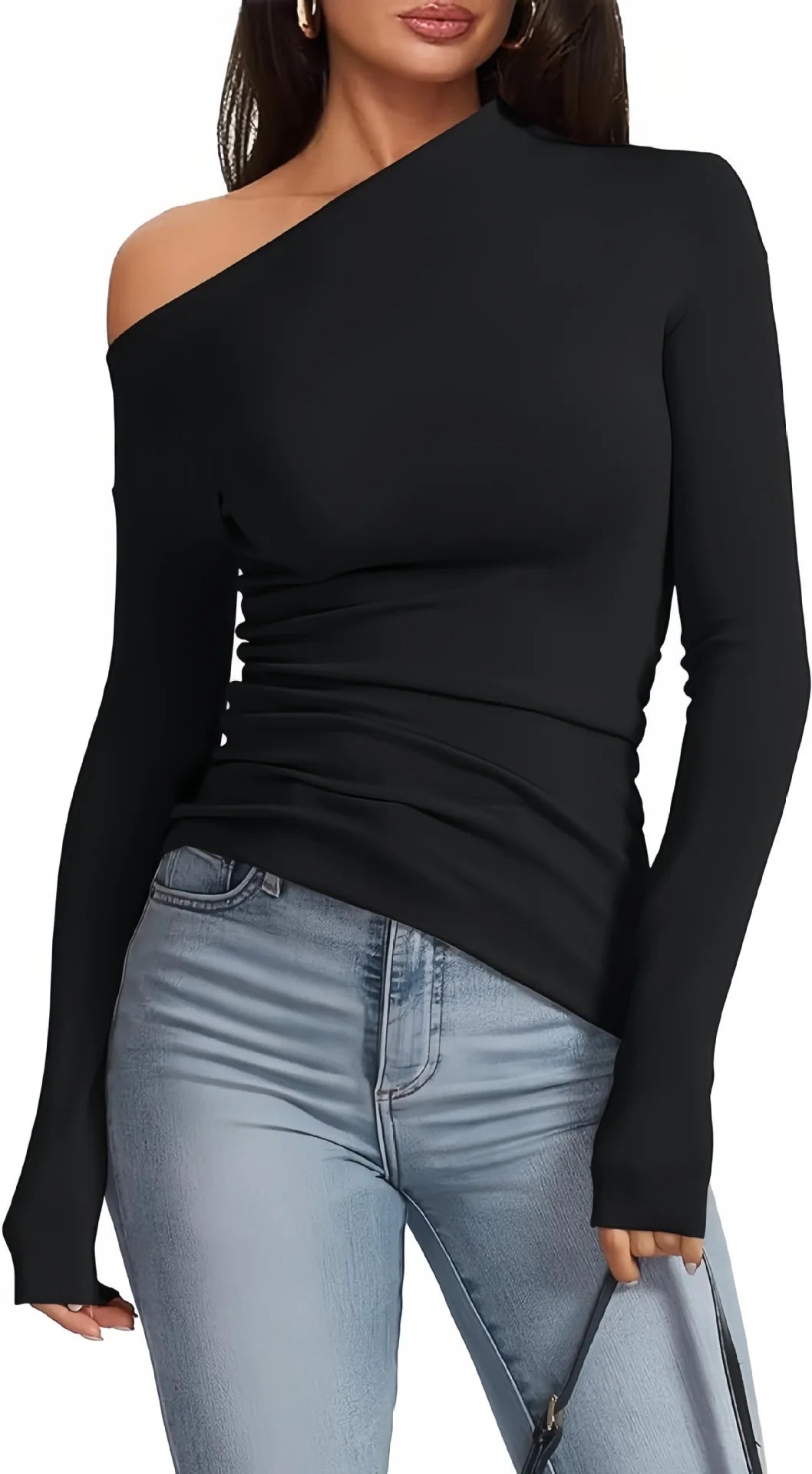T-Shirt Femme Off Shoulder Manches Longues - Top Slim Fit Épaules Dénudées, Basique Automne Hiver Streetwear