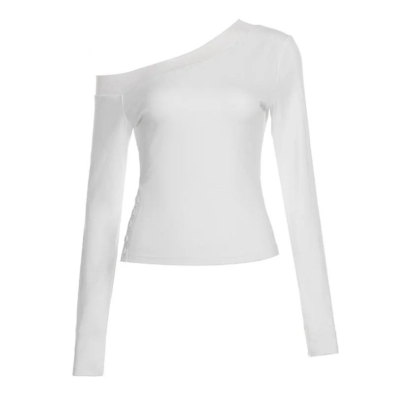 T-Shirt Femme Col Biais Asymétrique Y2K Vintage - Top Une Épaule Pleated Button Slim Fit, Streetwear Chic Harajuku