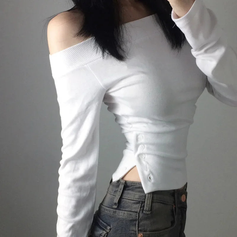 T-Shirt Femme Col Biais Asymétrique Y2K Vintage - Top Une Épaule Pleated Button Slim Fit, Streetwear Chic Harajuku