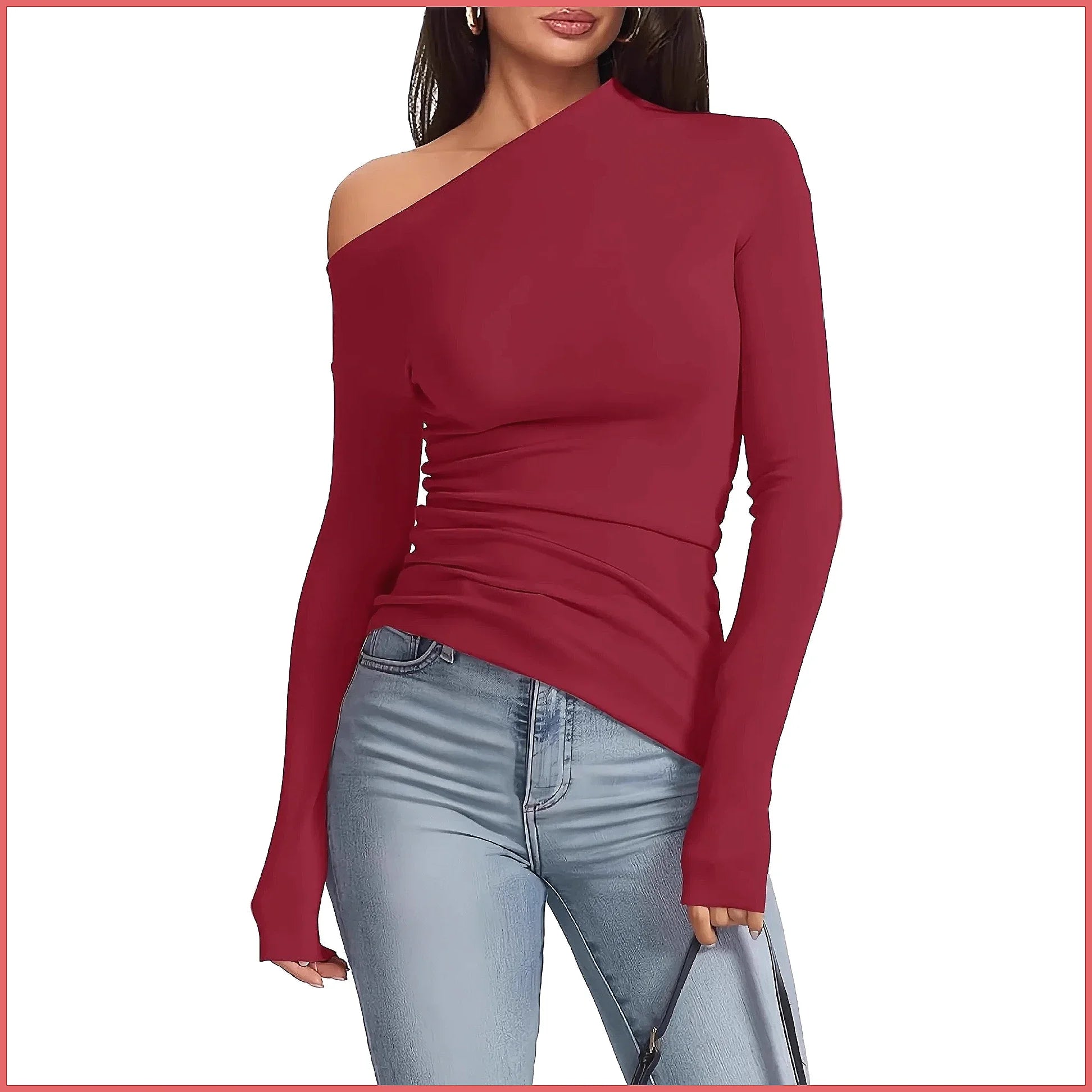 T-Shirt Femme Off Shoulder Manches Longues - Top Slim Fit Épaules Dénudées, Basique Automne Hiver Streetwear
