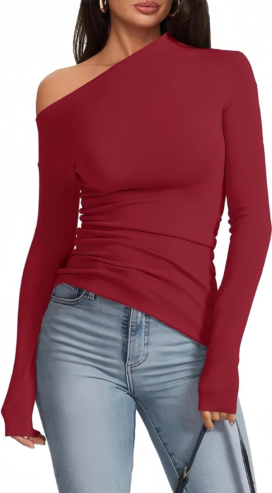 T-Shirt Femme Off Shoulder Manches Longues - Top Slim Fit Épaules Dénudées, Basique Automne Hiver Streetwear