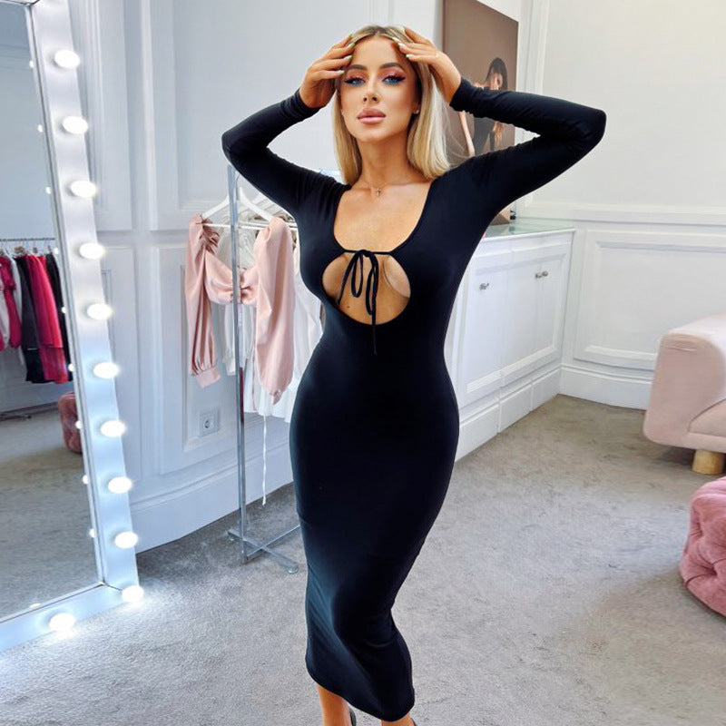 Robe longue à manches longues et dos nu à lacets col U pour femmes