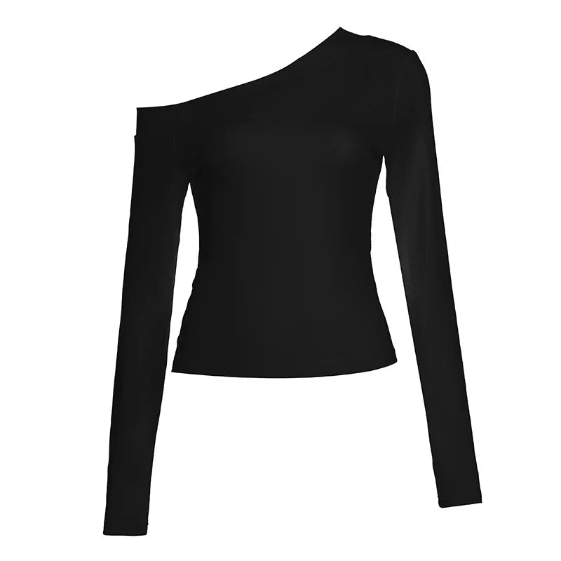 T-Shirt Femme Col Biais Asymétrique Y2K Vintage - Top Une Épaule Pleated Button Slim Fit, Streetwear Chic Harajuku