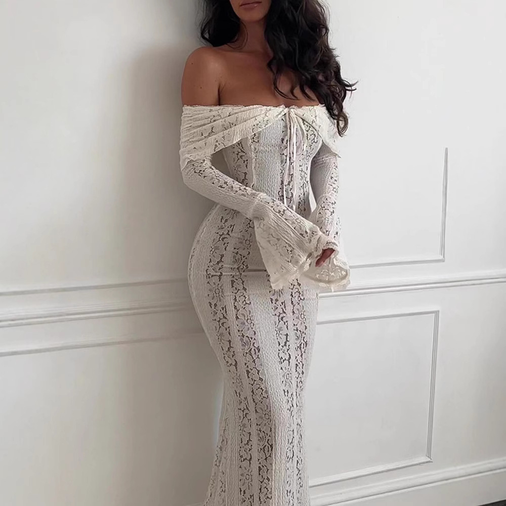 Robe longue à manches longues et taille haute à lacets pour femmes