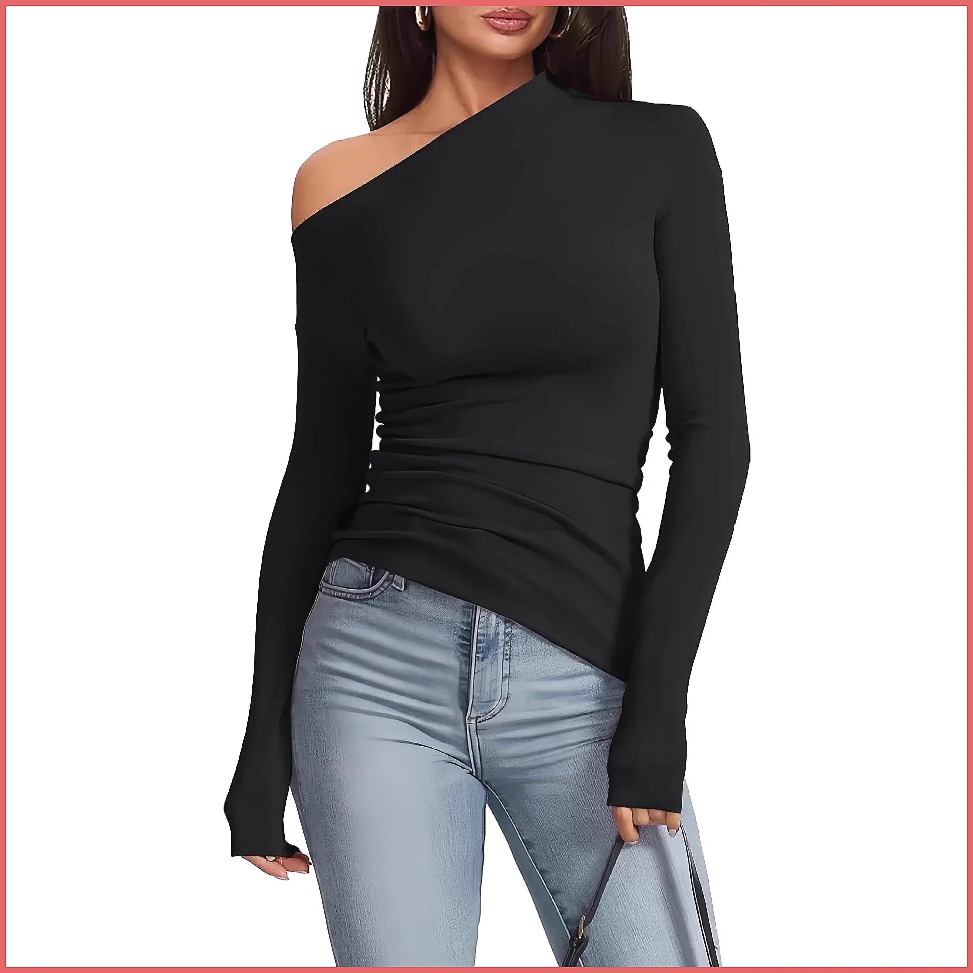 T-Shirt Femme Off Shoulder Manches Longues - Top Slim Fit Épaules Dénudées, Basique Automne Hiver Streetwear
