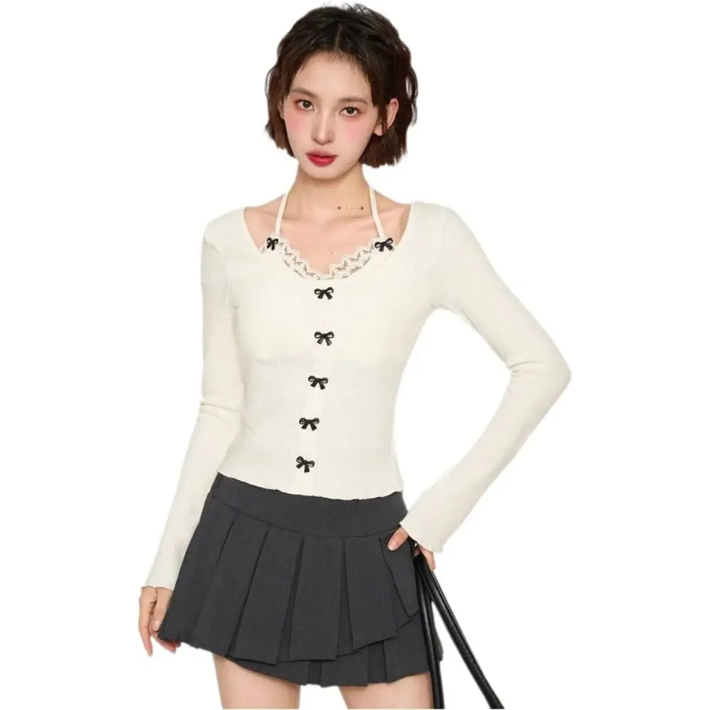 T-Shirt Femme Longues Manches Nœuds Lacets - Top Slim Fit Col Bénitier Y2K Korean Style, Élégant et Tendance