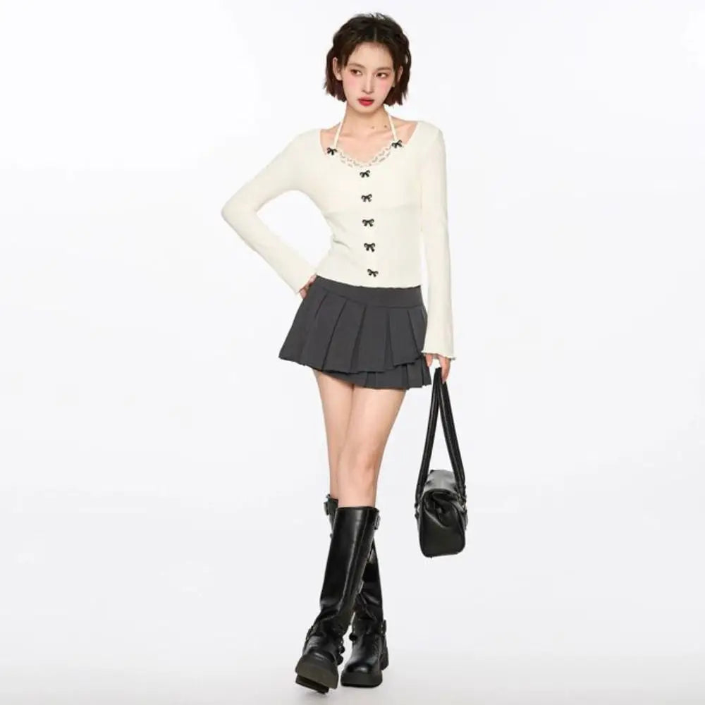 T-Shirt Femme Longues Manches Nœuds Lacets - Top Slim Fit Col Bénitier Y2K Korean Style, Élégant et Tendance