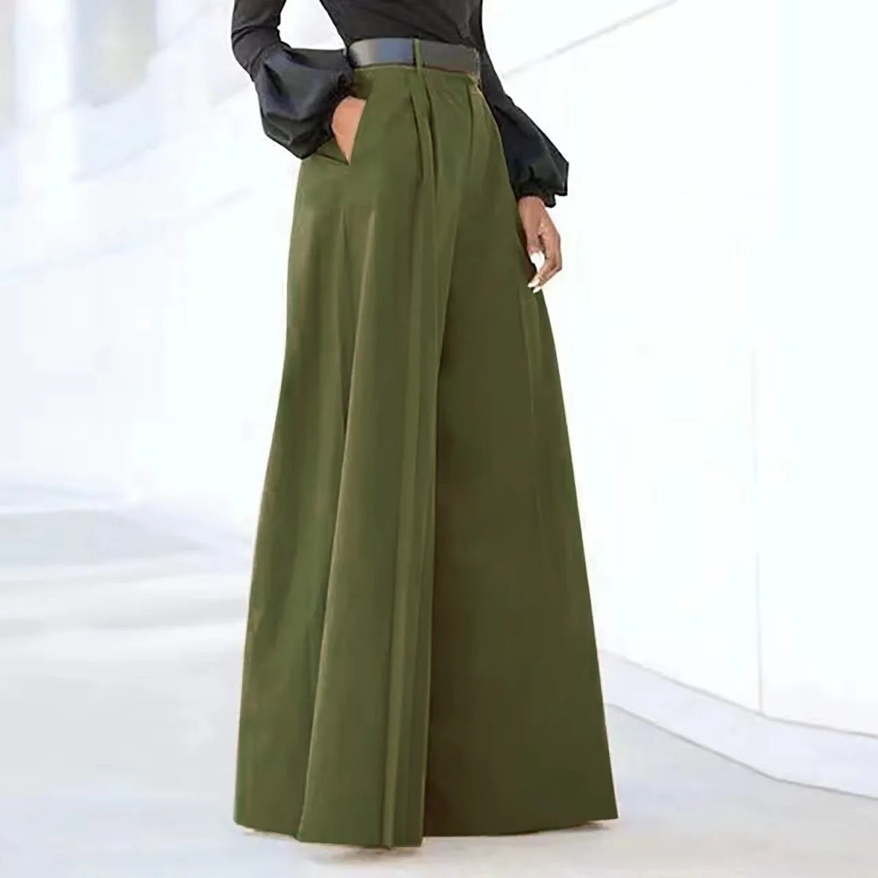 Pantalon Large Lin Femme Palazzo - Pantalon Large Fluide Taille Haute Été Baggy Confortable Imprimé ou Uni