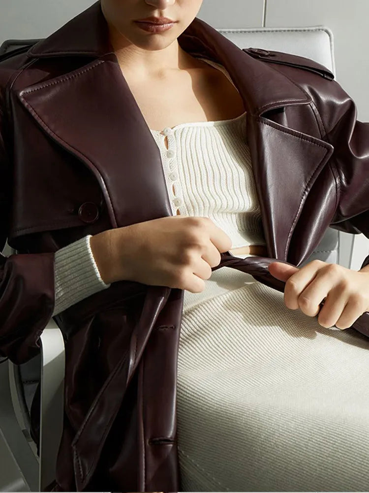 Manteau en Peau de Mouton à Lacets en Cuir PU pour Femme, Hiver