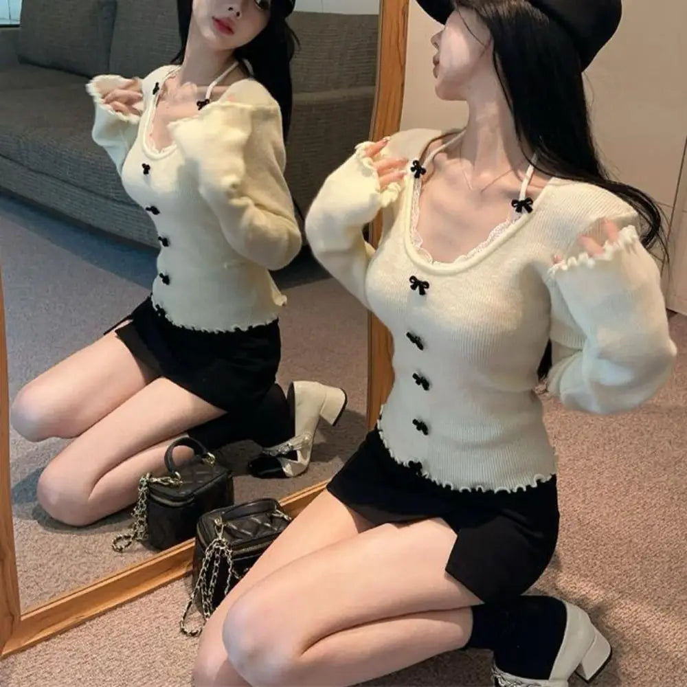 T-Shirt Femme Longues Manches Nœuds Lacets - Top Slim Fit Col Bénitier Y2K Korean Style, Élégant et Tendance