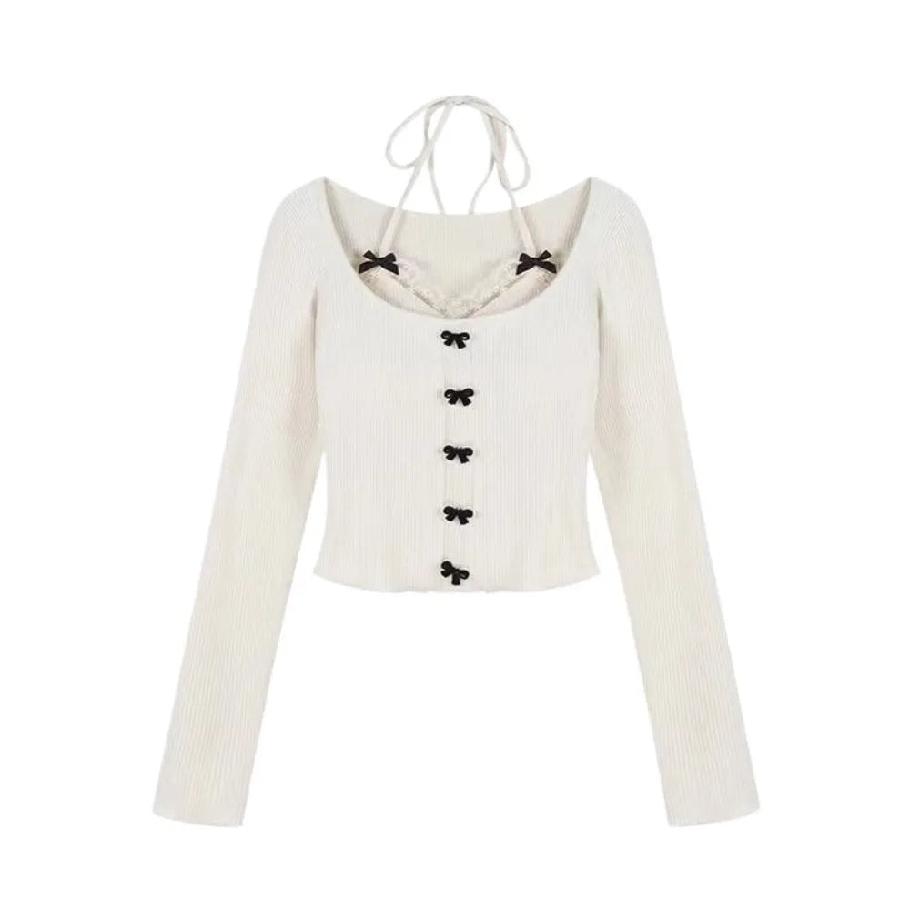 T-Shirt Femme Longues Manches Nœuds Lacets - Top Slim Fit Col Bénitier Y2K Korean Style, Élégant et Tendance