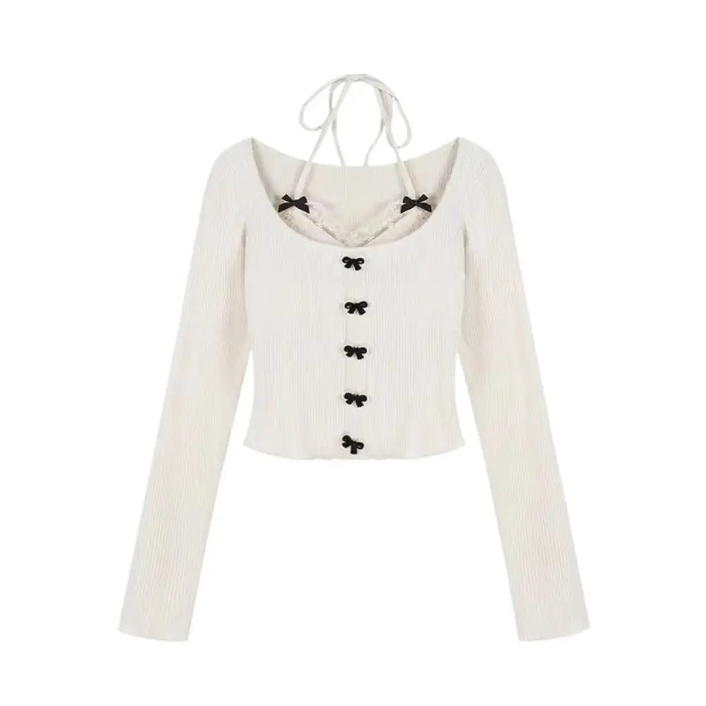 T-Shirt Femme Longues Manches Nœuds Lacets - Top Slim Fit Col Bénitier Y2K Korean Style, Élégant et Tendance
