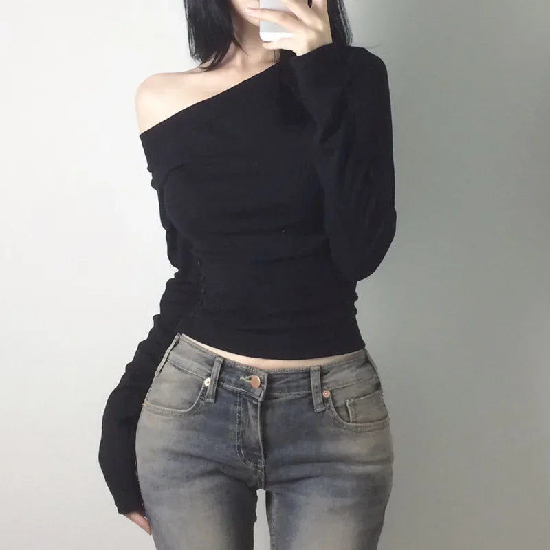T-Shirt Femme Col Biais Asymétrique Y2K Vintage - Top Une Épaule Pleated Button Slim Fit, Streetwear Chic Harajuku