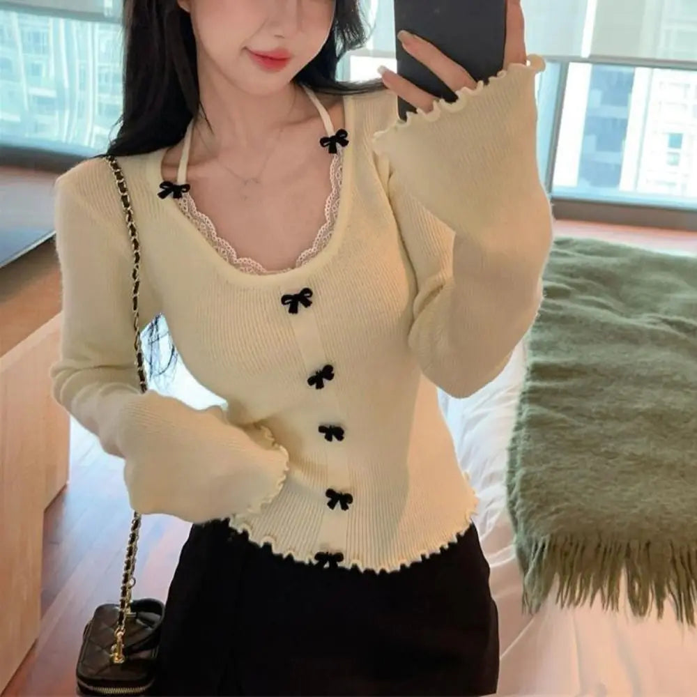 T-Shirt Femme Longues Manches Nœuds Lacets - Top Slim Fit Col Bénitier Y2K Korean Style, Élégant et Tendance